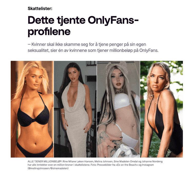 Skjermbilde av medieoppslag om OnlyFans-inntekter