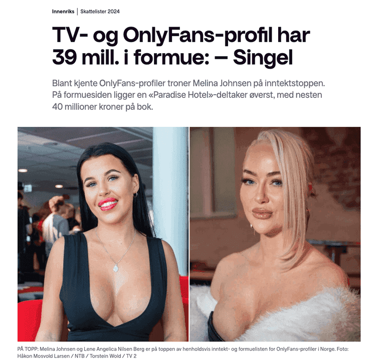 Skjermbilde av norsk medieoverskrift om OnlyFans